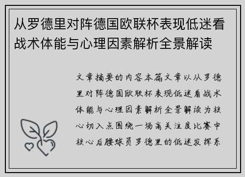 从罗德里对阵德国欧联杯表现低迷看战术体能与心理因素解析全景解读 从罗德里对阵德国欧联杯表现低迷看战术体能与心理因素解析全景解读